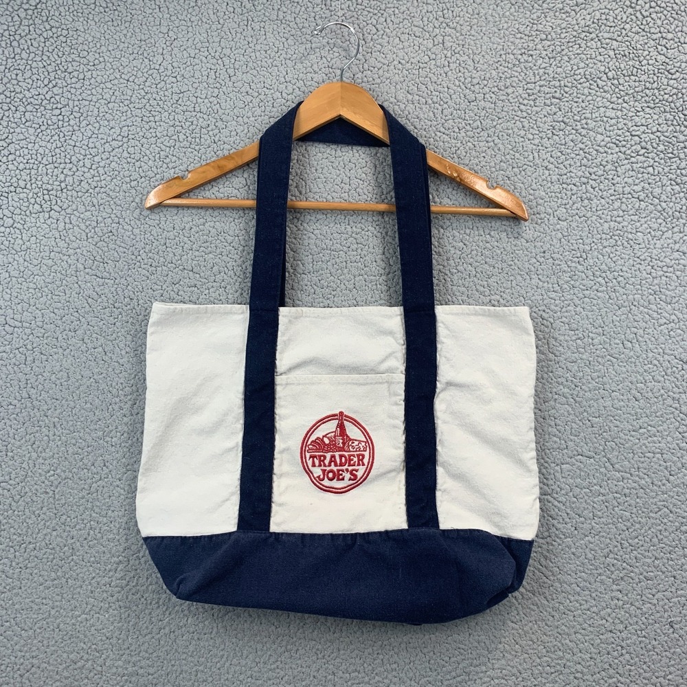 Trader Joes Large Tote Shopping Bag Cotton Canvas Embroidered Bag Navy 18x16
